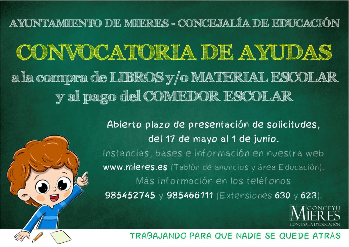 Mieres convoca las ayudas para la compra de libros y material escolar en Infantil y al pago del comedor escolar en Infantil y Primaria